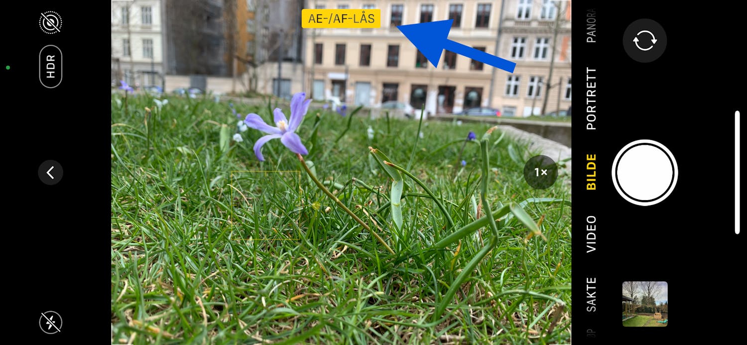 Hold på fokus iPhone-skjerm med fokus låst på blomst